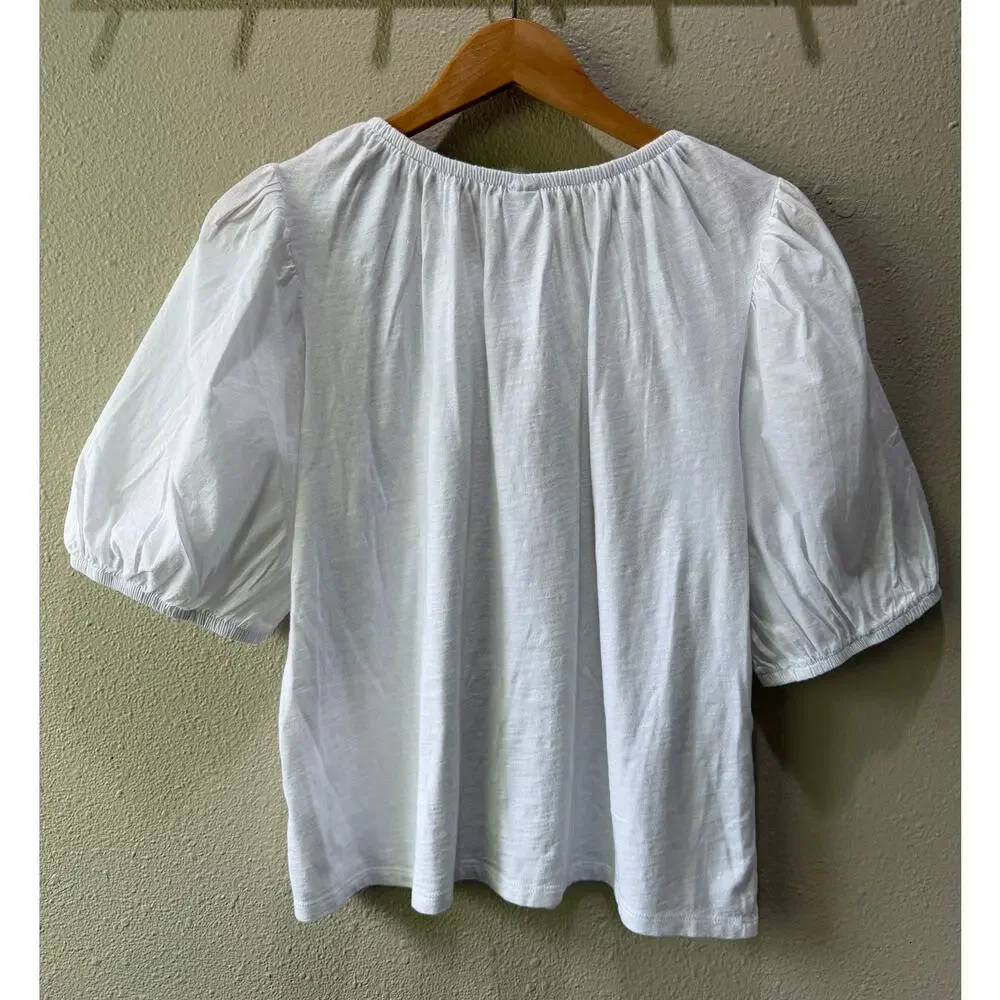 White Peasant Blouse Shirt Puff Sleeves Woven Cotton Tie Front NEW WITH TAGS L